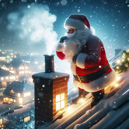 Santa Claus near the chimney on the roof of the house. ai generative.の素材