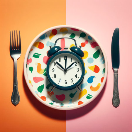 Empty plate with alarm clock, intermittent fasting concept. ai generative.の素材