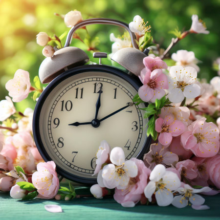 alarm clock in blooming flowers on spring background. ai generative.の素材