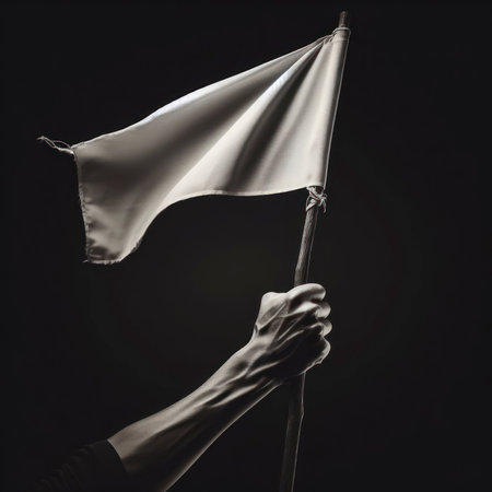 close up Arm holding stick with a white flag on black background. ai generative.の素材