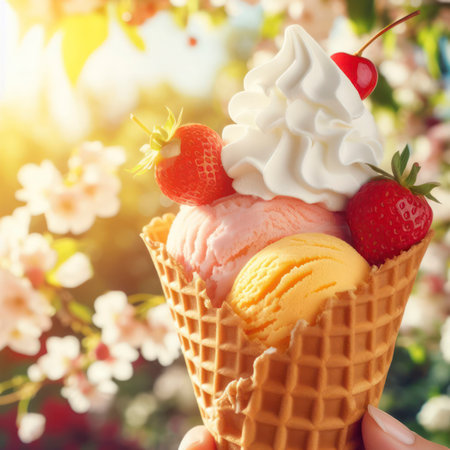 ice cream in a waffle cone on a summer day. ai generative.の素材
