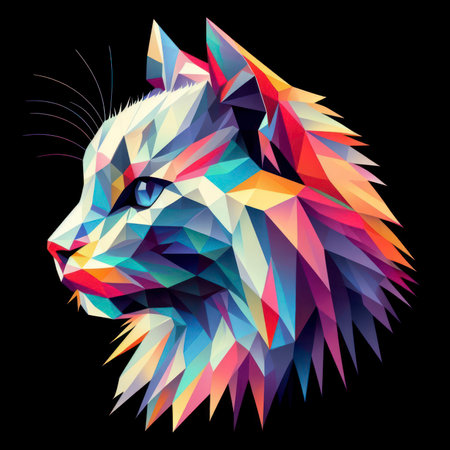 Abstract colorful polygon cat side view on black background. ai generative.の素材