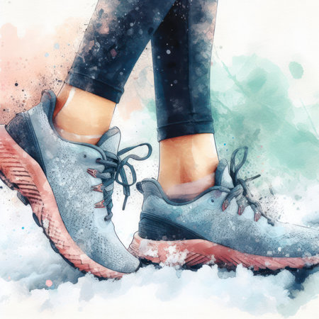 close up young woman in running shoes in winter. ai generative.の素材
