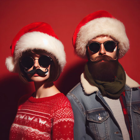 hipster Santa Claus wife xmas hat on red background. ai generative.の素材