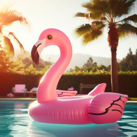 inflatable pink flamingo floating in the pool. ai generative.の素材