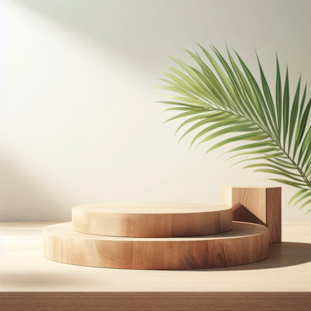 Minimal natural wood podium with green palm leaf with sunlight background. ai generative.の素材
