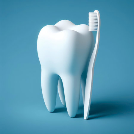 minimalistic dental tooth care 3d on blue background, tooth and brush. ai generative.の素材