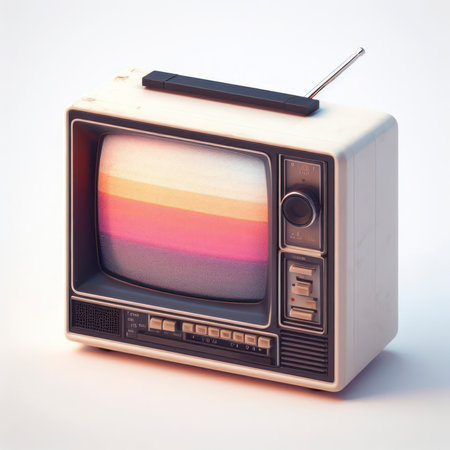 Vintage portable TV with old video effect screen mockup on white background. ai generative.の素材