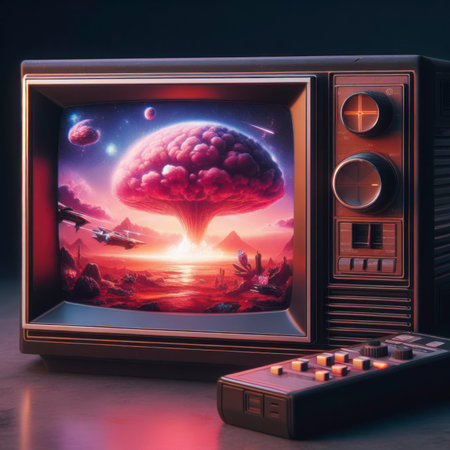 Vintage portable TV with old video effect screen mockup. ai generative.の素材