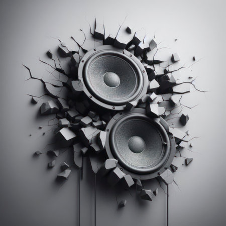 wall breaks from sound with loudspeaker black background. ai generative.の素材