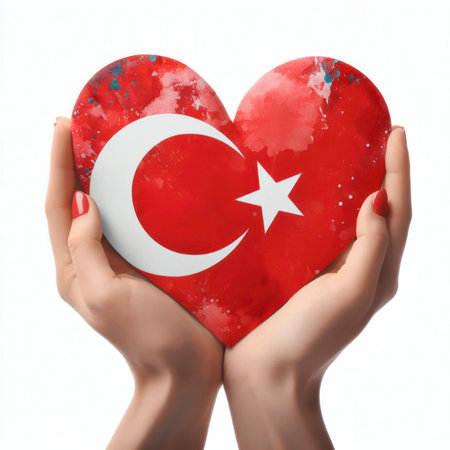 heart in the colors of the Turkish flag in hands. ai generative.の素材