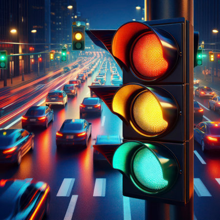 Traffic Laws. burning traffic light. ai generative.の素材