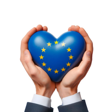 heart in the colors of the European Union flag in hands on white background. ai generative.の素材