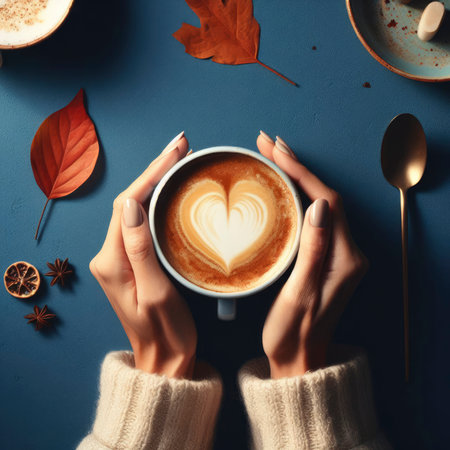 girl holding a cup of cappuccino in her hands in autumn. ai generative.の素材
