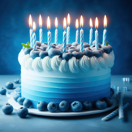 blue birthday cake with candles on a blue background. ai generative.の素材