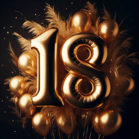 A shiny golden balloon in the shape of the number 18. ai generative.の素材