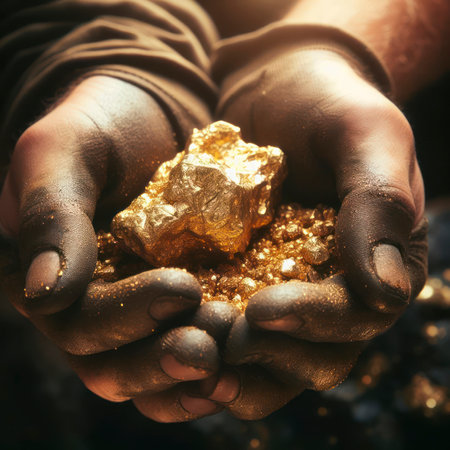 gold nugget in the hands of a prospector. ai generative.の素材