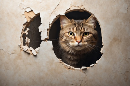 Cat with shocked surprised expression peeking through hole in cracked wall hole. ai generative.の素材