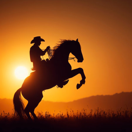 silhouette of a cowboy at sunset on a horse rearing. ai generative.の素材