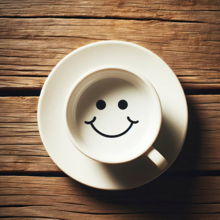 a white cup with a smiley face on a rustic wood background. ai generative.の素材