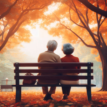 Back view of couple senior sitting on a bench in an autumn park. ai generative.の素材