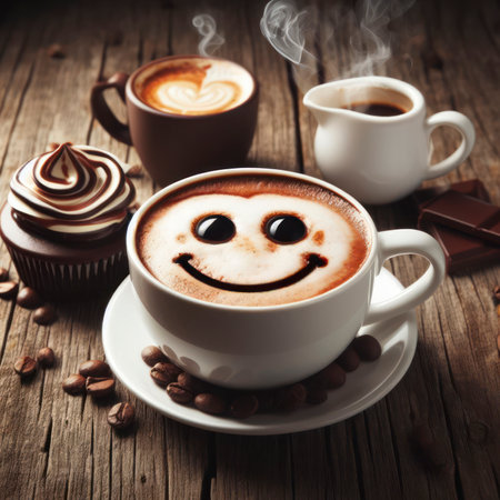 white coffee cup with a smiley face. ai generative.の素材