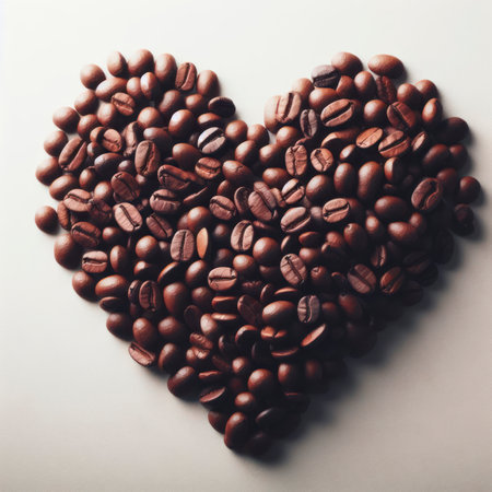 Coffee Beans in the shape of a heart on a white background. ai generative.の素材