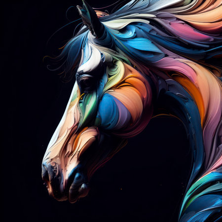 close up abstract colorful horse on dark background. ai generative.の素材