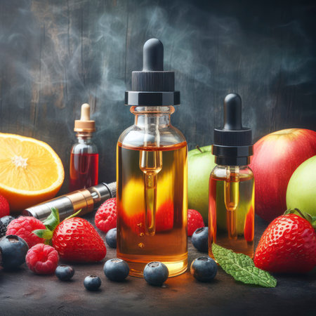 Bottle with liquid. Vaping. Berries and fruits. ai generative.の素材