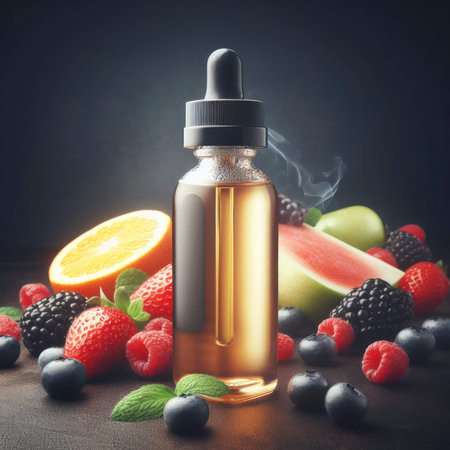 Bottle with liquid. Vaping. Berries and fruits. ai generative.の素材