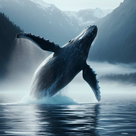 Humpback Whale jumping in a northern bay. ai generative.の素材