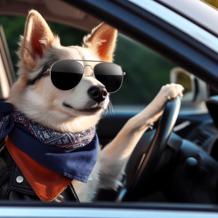 Stylish dog in sunglasses driving a car. ai generative.の素材