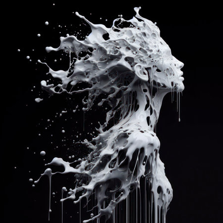 cascading liquid white engulfing a futuristic abstract fashion model silhouette on black background. ai generative.の素材