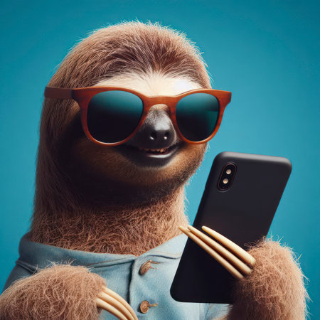 smiling sloth in sunglasses holding smartphone. ai generative.の素材