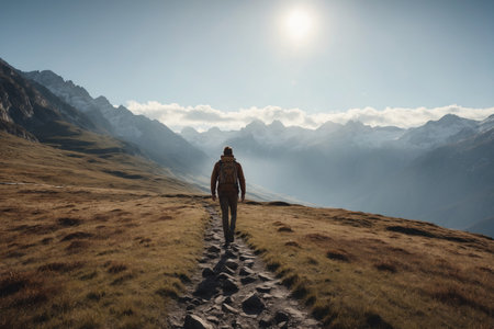Man with one backpack walking on a road in the mountains. ai generative.の素材