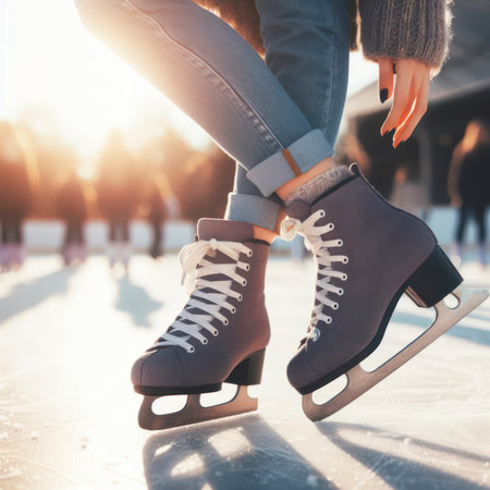 Closeup of the girl skating with ice skates on an open skating rink. ai generative.の素材