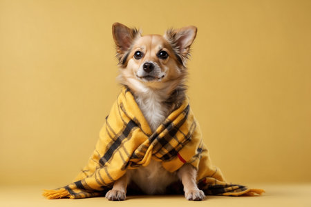 Cute dog with a warm plaid on yellow background with space for text. ai generative.の素材