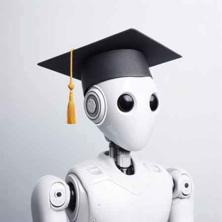portrait of a humanoid white robot wear graduation hat on white background. ai generative.の素材