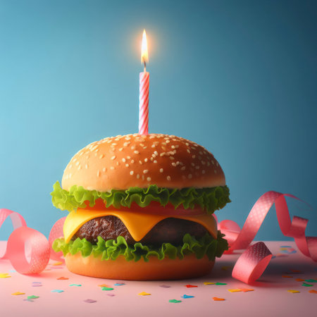 burger with one birthday candle on color background. ai generative.の素材