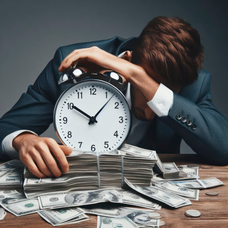 Clock and pile of money on the wooden table with overworked businessman. ai generative.の素材