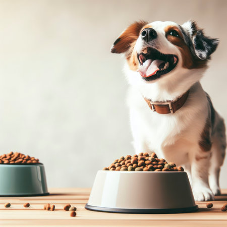 Smiling happy dog standing in front of bowl with dog food on plain background. ai generative.の素材