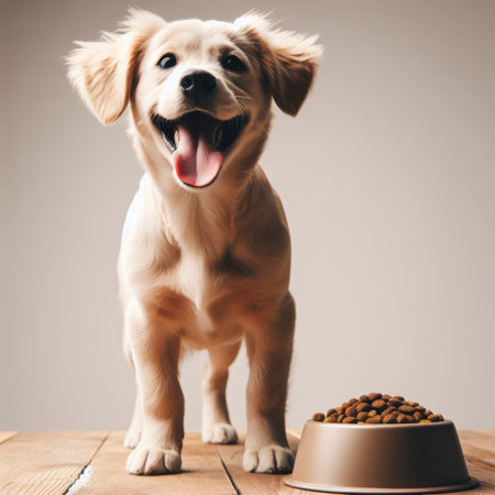 Smiling happy dog standing in front of bowl with dog food on plain background. ai generative.の素材