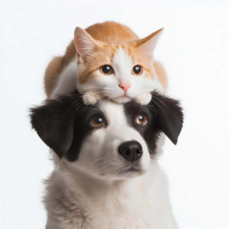 Dog with cat on top of its head on white Background. ai generative.の素材