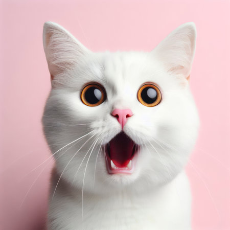 Emotional, shocked white cat with wide open eyes and mouth. ai generative.の素材