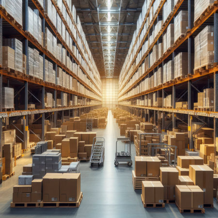 large warehouse with card boxes products goods stock factory inventory storage area for background. ai generative.の素材