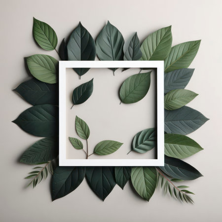 Green leaves with white square frame. Creative Layout. ai generative.の素材