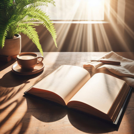 Open book on table with rays coming out of it. ai generative.の素材