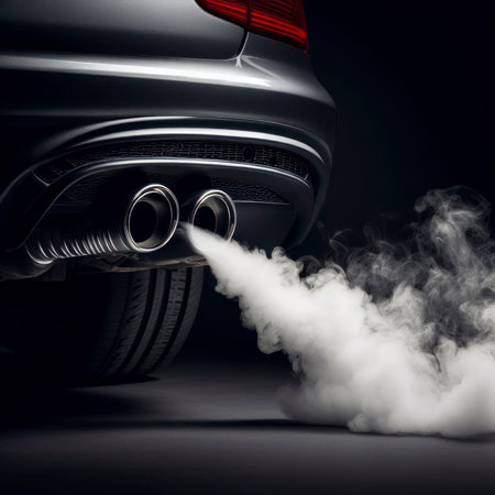 smoke comes from the exhaust pipe of a car on a black background. ai generative.の素材