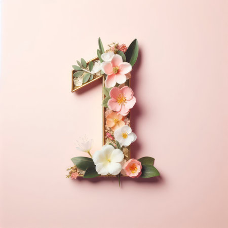 Spring concept of creative number 1. The date for the celebration, fresh Spring flowers. ai generative.の素材
