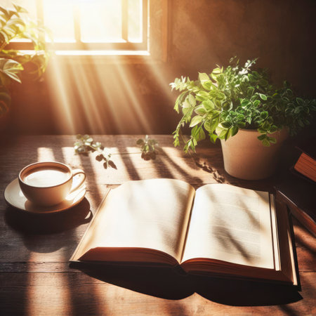 Open book on table with rays coming out of it. ai generative.の素材